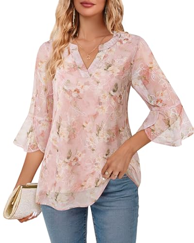 VALOLIA Womens 3/4 Sleeve Tops Dressy Casual Chiffon Blouses Floral Print V-Neck Work Office Shirts2