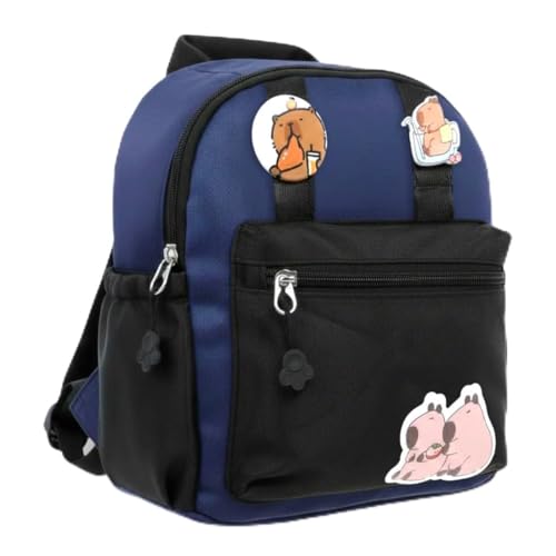 Mochila Escolar Infantil Capivara Fofa Reforçada Poliéster Leve 4 Bolsos Bolso Garrafa Zíper Resistente Crianças Creche Pré Escola Passeio Presente Criativo 2-6 Anos (Azul)