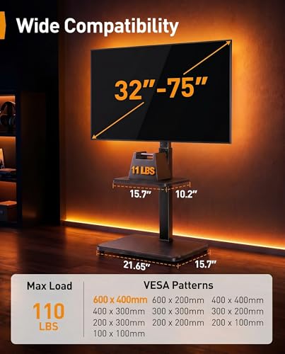 Image of Perlegear Floor TV Stand with LED Lights for 34-75 inch TVs up to 110 lbs, Max VESA 600x400mm, Swivel, Tilt, 12 Height Levels, TV Backlights with Music Sync, Solid Wood Base, PGFS21B