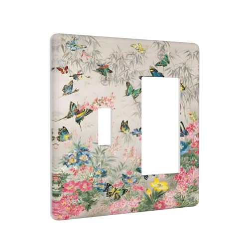 Decorative Outlet Covers Boho Wildflowers Butterfly Rustic Blue Pink Flowers 2 Gang 1 Gang Wall Plate Cover Single Toggle Rocker Combo Light Switch Cover Plate Face Plate for Home Decor
