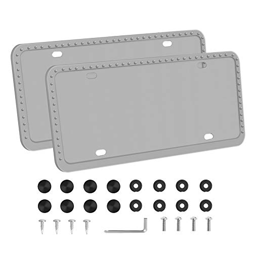 LivTee Silicone License Plate Frames Covers, 2 Pack Universal American Car Accessories License Plate Bracket Holder with Bolts Washer Caps, Rust-Proof, Rattle-Proof, Weather-Proof, Gray