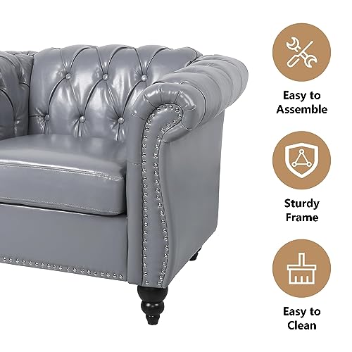 Image of QHITTY 2 Piece Living Room Set, Sectional Chesterfield Sofa Chair Contemporary Upholstered Leather Loveseat Couch Sets for Living Room, Bedroom, Office (Grey)