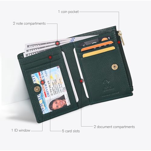 Image of Oak Leathers Leather Wallet For Women - Small RFID Coin Purse Credit Card & ID Holder for Ladies, Gift for Women's, Bifold Wallets (Nappa Dark Green)