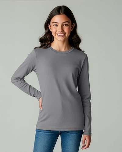 Image of Real Essentials 4 Pack: Girls' Cotton Long Sleeve Crew Neck T-Shirt - Athletic Tee Shirt for Teens Kids Youth (Ages 4-16)