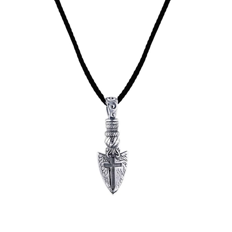 Ancient Textured Arrowhead Crucifix Cross Weathered Hammered Look Silver Metal,Cotton Dori Pendant Necklace Chain For Men And Women SPn2024221-image-25