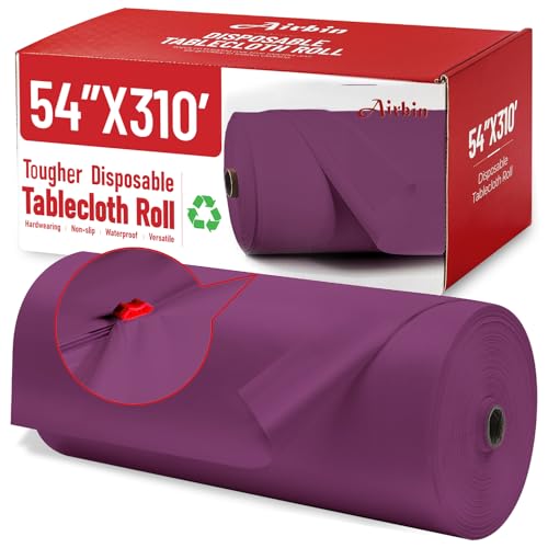 Plastic Table Cloth, 310 Ft X 54 in Plastic Table Cloth Disposable Purple Tablecloth with Any Cut Sliding Cutters Premium PEVA Disposable Tablecloth for Picnics, Parties, Birthdays, Festivals