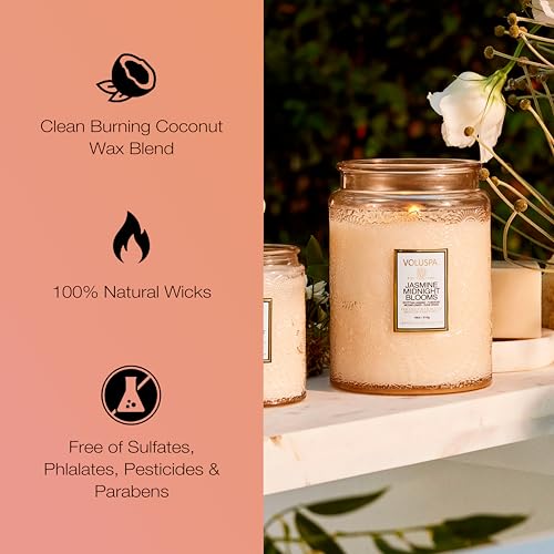 Image of Voluspa Jasmine Midnight Blooms Large Scented Candle Jar 18 Oz, 100 Hr Burn | Coconut Wax Blend in Decorative Glass, Clean Even Burn, USA Handcrafted Gift for Hosts, Fragrance Lovers & Relaxed Rooms
