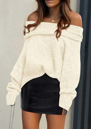 PRETTYGARDEN Women's Off The Shoulder Sweater Long Sleeve Tops 2025 Fall Loose Knit Pullover Sweaters Winter Clothes