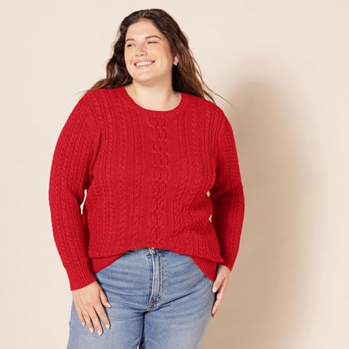 Image of Amazon Essentials Women's Regular Fit Soft Cotton Cable Knit Ribbed Crewneck Sweater (Available in Plus Size)
