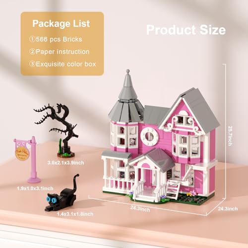 Image of Pink Palace House Building Set, Halloween Mansion Model Toys Kit, Haunted House Building Blocks, Compatible with Lego, Horror Architecture for Kids Adults, Christmas or Holiday (566PCS)