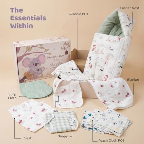 Image of haus & kinder Newborn Baby Shower Gift Set (Pack of 10) | 100% Cotton New Born Baby Essentials Kit with Swaddle, Muslin Blanket, Carrier Nest | Scarlet Edition