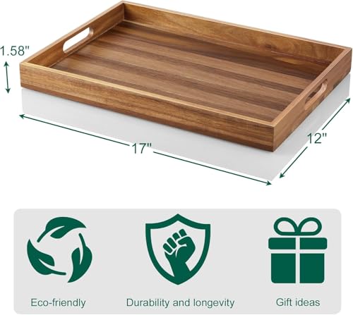 Image of Wooden Serving Tray for Home and Kitchen | Acacia Wood Large Rectangular Tray with Handles for Resturant, Cafe, Breakfast, Multipurpose Organzier | (Food Safe Oil Finish) (Aurace)