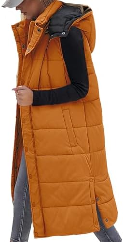 Vancavoo Lange Weste Damen Ärmellose Steppweste Longweste mit Kapuze | Warm Gefüttert mit Abnehmbarer Kapuze, Doppelverschluss, Taschen und knöpfbaren Seitenschlitze