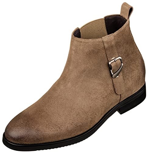 TOTO Men's Invisible Height Increasing Elevator Shoes - Coffee Brown Nubuck Leather Slip-on Chelsea Ankle Boots - 3.0 Inches Taller - K92083 - Size 6.5 D(M) US