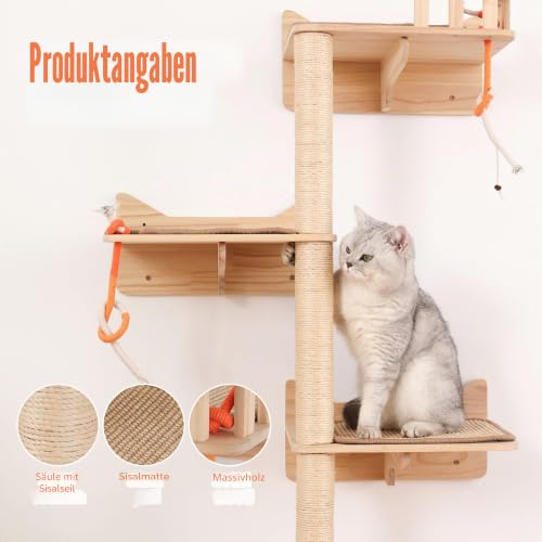 MIUZMORE Kratzbaum zur Wandmontage, 7 Stück, Katzen-Wandregale und Sitzstangen mit hohen Sisal-Kratzstämmen, Wandhalterung, Katzen-Kletterbaum und platzsparende Möbel für Indoor-Katzen zum Klettern