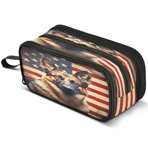 Image of ALAZA Usa Flag German Shepherd Dog Large Pencil Case, Pen Pouch Pencil Bag with 3 Compartments Pen Holder Organizer Stationery Bag