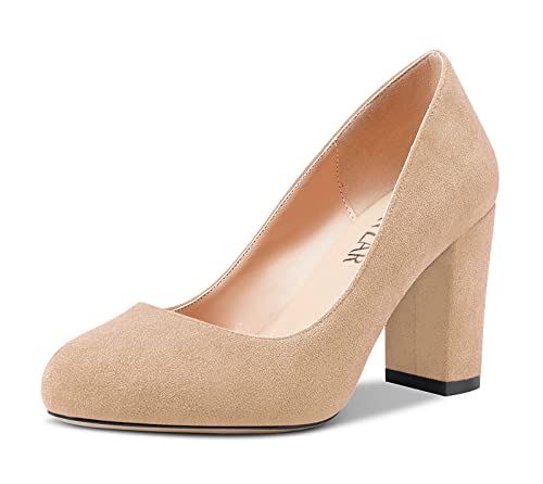 HEUIVZAR Women Pumps Round Toe Block Chunky Mid Heel Slip-on Dress Shoes Suede 3 Inch