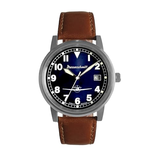 Messerschmitt Herren Uhr ME-9673-108L – Eleganz & Präzision - Kobaltblau lackiertes Zifferblatt in Kombination mit dem satinierten Edelstahlgehäuse– Lederarmband in Braun – Made in Germany