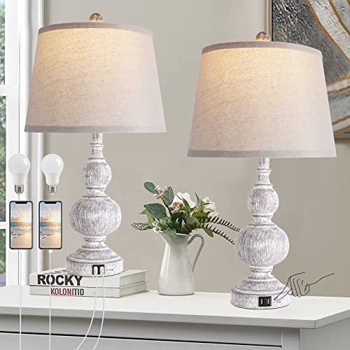 Qimh 3-Way Dimmable Touch Control Table Lamp Set Of 2, Bedsides Lamps With Dual Usb Charging Ports, Vintage Rustic Farmhouse Traditional Bedside Lamps (Bulbs Included) #TOP27