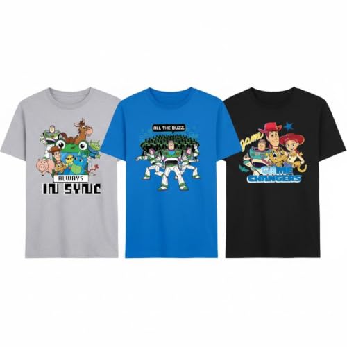 Image of Disney Toy Story 5 Boys T-Shirts 3 Pack - Official Licensed Kids T-Shirts - Buzz Lightyear Woody Jessie - Ages 18 Months - 10 Years - Grey Blue Black (9-10 Years)