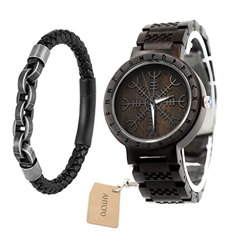 Montre en bois pour hommes quartz vintage zèbre et symboles vikings