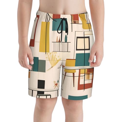 Mid Century Modern Youth Beach Pants, Soft and Breathable, with Drawstring Waist, Suitable for Sports and Leisure.3