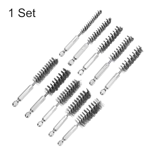 Image of HARFINGTON 10Pcs Bore Brush Set for Drill Different Bristle Lengths Stainless Steel Twisted Wire Cleaning Drill Wire Brush with 1 /4 inch Hex Shank for Tubes