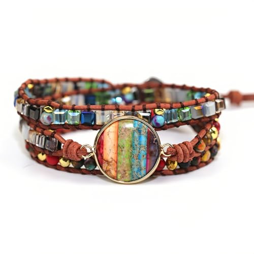 Handmade Wrap Leather Beads Bracelets Natural Jasper Crystal Stone Variety Beads Strand Bracelet,Boho Bracelets for Women