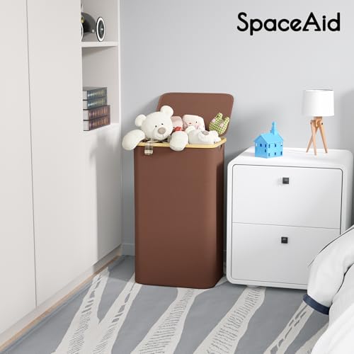 SpaceAid Laundry Hamper with Lid, 110L Large Tall Clothes Basket Bin with Bamboo Handles, Collapsible Laundry Hamper for Bedroom, Bathroom, Dorm, Laundry Room - Brown