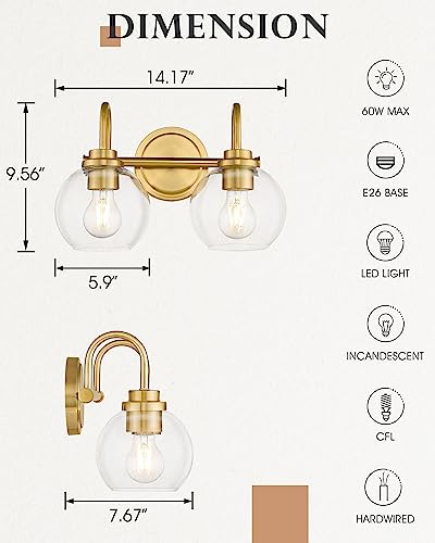 Image of Bathroom Light Fixtures, 2-Light Brushed Gold Vanity Lights with Globe Clear Glass, Champagne Bronze Vanity Lighting Fixtures Over Mirror, AD-22280-2W-GD