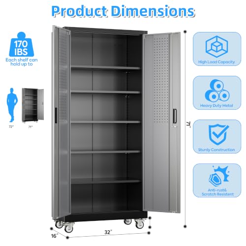Image of Aobabo Upgrade 71H''*32''W*16''D Metal Garage Storage Cabinet with Wheels and Pegboards, 5 Adjustable Shelves Steel Storage Cabinets for Home,Warehouse,Garage,Assembly Required,Black Gray