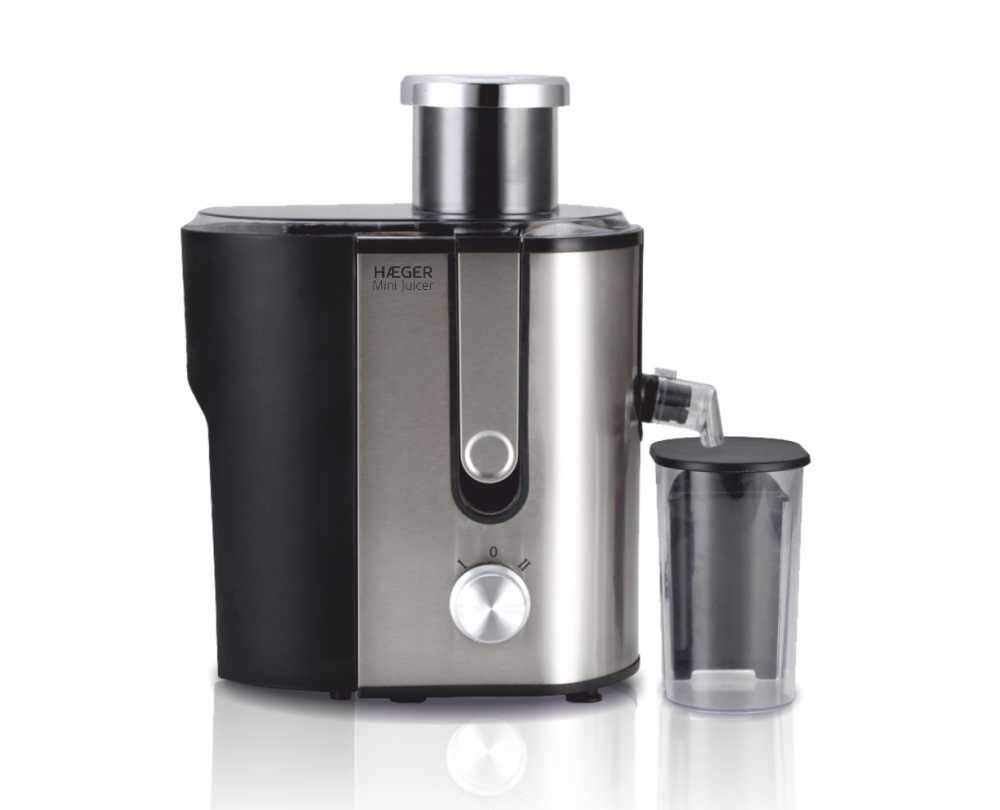 HAEGER MINI JUICER - Licuadora 600W de potencia, capacidad de 1,3L, 2 velocidades, Sistema anti-goteo, pedal de enclavamiento, base antideslizante, Cuerpo en INOX