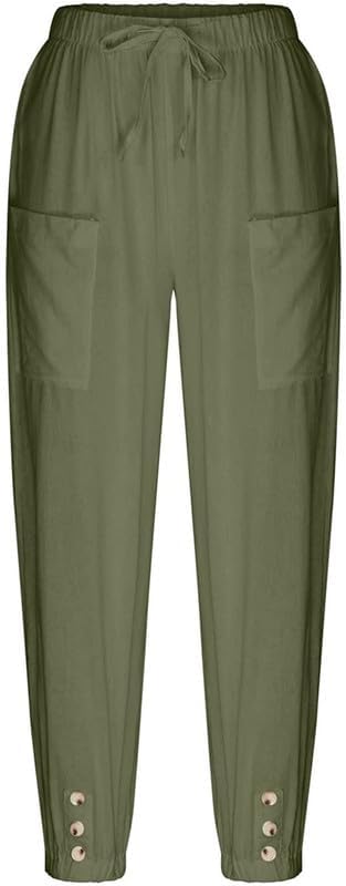 Womens Capri Pants Cotton Linen Cropped Trousers Summer Wide Leg Drawstring High Waist Palazzo Pants with Pockets - Image 5