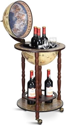Bar Globe Terrestre Vintage Sur Pied En Bois D'eucalyptus Avec Roulettes