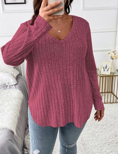Image of Koscacy Women Plus Size Casual Knit Sweater V Neck Solid Color Tops Lightweight Long Sleeve Blouses