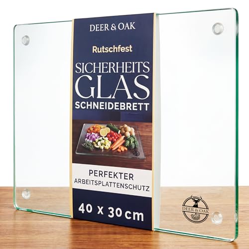 Deer & Oak Extra Großes Glas-Schneidebrett 40x30cm Dickes Klares Hartglas Arbeitsplatten-Schutz Hitzebeständiges Schneidebrett Tischset & Herdabdeckung mit Rutschfesten Füßen für