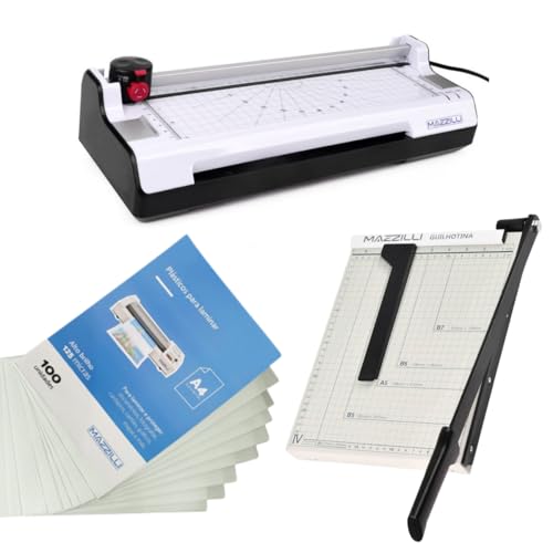 Kit Plastificadora Refiladora A4 Laminadora + Guilhotina Cortadora Com Trava + 100 Plástico Para Pla