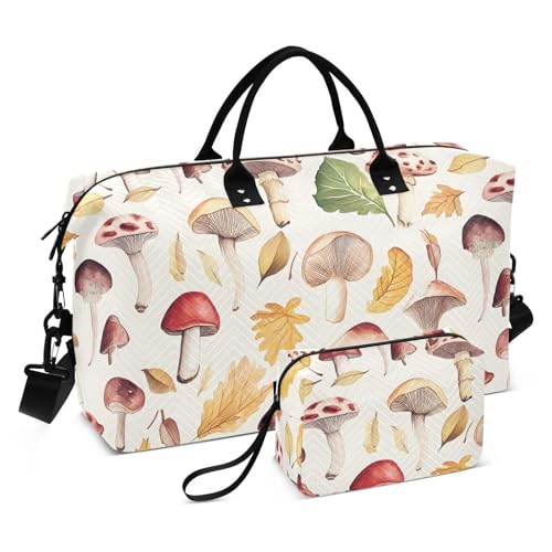 Watercolor Mushroom Leaf Large Travel Duffle Bag Weekender Overnight Bags Gym Yoga Bag for Women Men with Toiletry Bag