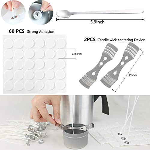 EricX Light Candle Making Kit, 60pcs Candle Wicks, 60pcs Candle Wicks Sticker, 1pc Candle Wax Pouring Pot, 2pcs 3-Hole Wicks Centering Devices, 1pc Mixing Spoon, DIY Candles Craft Tools