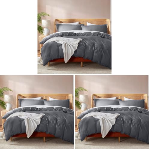 Image of Nestl Dark Grey Duvet Cover Queen Size - Soft Double Brushed Queen Duvet Cover Set, 3 Piece, with Button Closure, 1 Duvet Cover 90x90 inches and 2 Pillow Shams (Pack of 3)