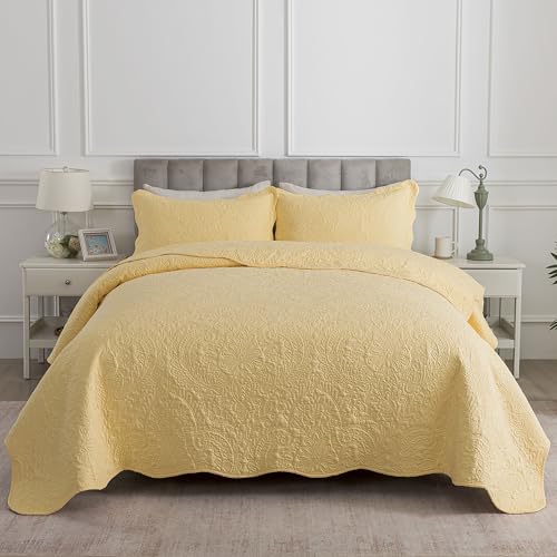 HoneiLife Queen Size Quilt Sets - 3 Piece Queen Quilt Bedding Set Microfiber Quilt Set Lightweight Bedspreads Reversible Coverlets Retro Bed Cover Floral Bedding Set All Season Quilts-Yellow