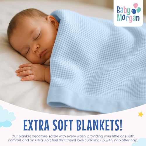 Image of Blankets Thermal Waffle Baby Blanket Crib Bedding - Soft Cozy Warm Infant Thermal Cover for Nursery Stroller or Bassinet, Lightweight Ideal Shower Gift, Nylon Trim Blue 36 inch x 50 inch