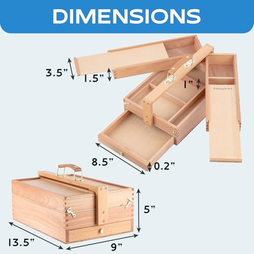 Image of Falling in Art Artist Supply Storage Box, Portable Beechwood Toolbox with Drawer, Three Layer Art Storage Tool Box for Paints, Brushes, Pastels, Pens, and Markers