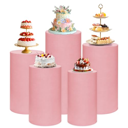 magalo Cylinder Pedestal Stand Covers Set of 5 Spandex Display Pedestal Covers Round Plinth Pillar Cover for Birthday Party Wedding Baby Shower Decor(Dusty Pink,Only Covers)