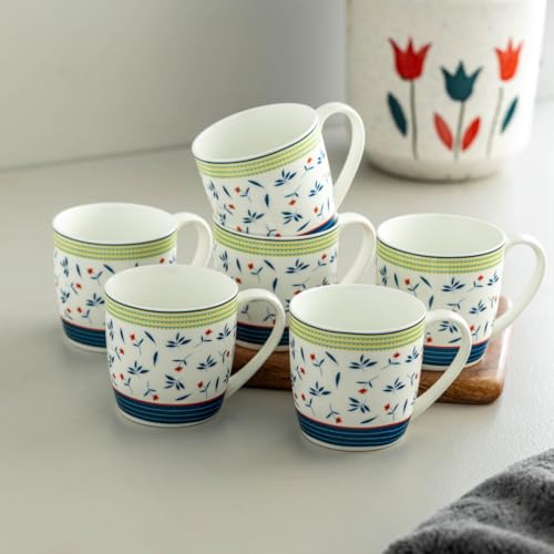 Image of Clay Craft Premium Ceramic Tea & Coffee Mugs Set of 6 - White Cups with Blue Floral Print & Yellow Striped Border | Elegant Designer Pattern | Ideal for Home, Office & Gifting
