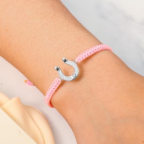 J.Endéar Horseshoe Bracelet for Women 925 Sterling Silver Cord Zirconia Bracelet Handmade Rope String Adjustable Good Luck Gift for Horse Lovers4