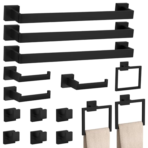 15-Piece Matte Black Bathroom Accessories Set – 23.6" Towel Bar,