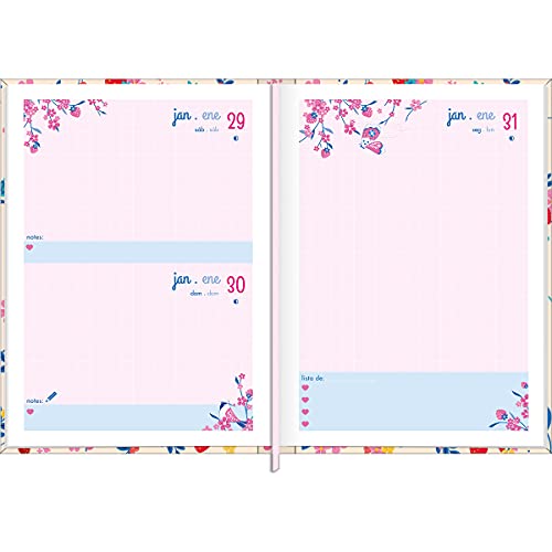 Agenda Costurada Diária 12,3 x 16,6 cm Charme 2022 - Estampa Pássaros e flores fundo branco - Tilibr