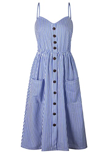 Image of YMING Womens Summer Spaghetti Strap Dresses Button Down Floral Sundress High Waist Swing Midi Dress with Pockets