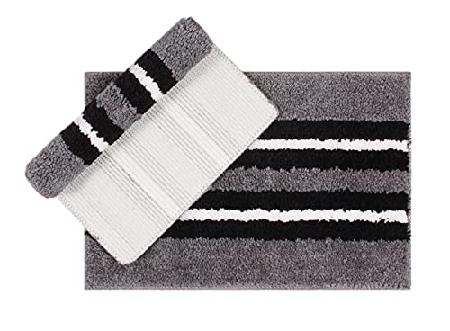 Image of Flooring India Co Bath Mat Super Soft, Anti Slip Stripe Mats (Grey, 38x58 cm) Pack of 1